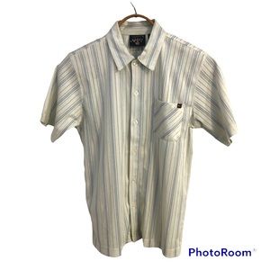 Quicksilver Boy’s Size L Button Down Shirt Blue and Grey Stripes On Cream
